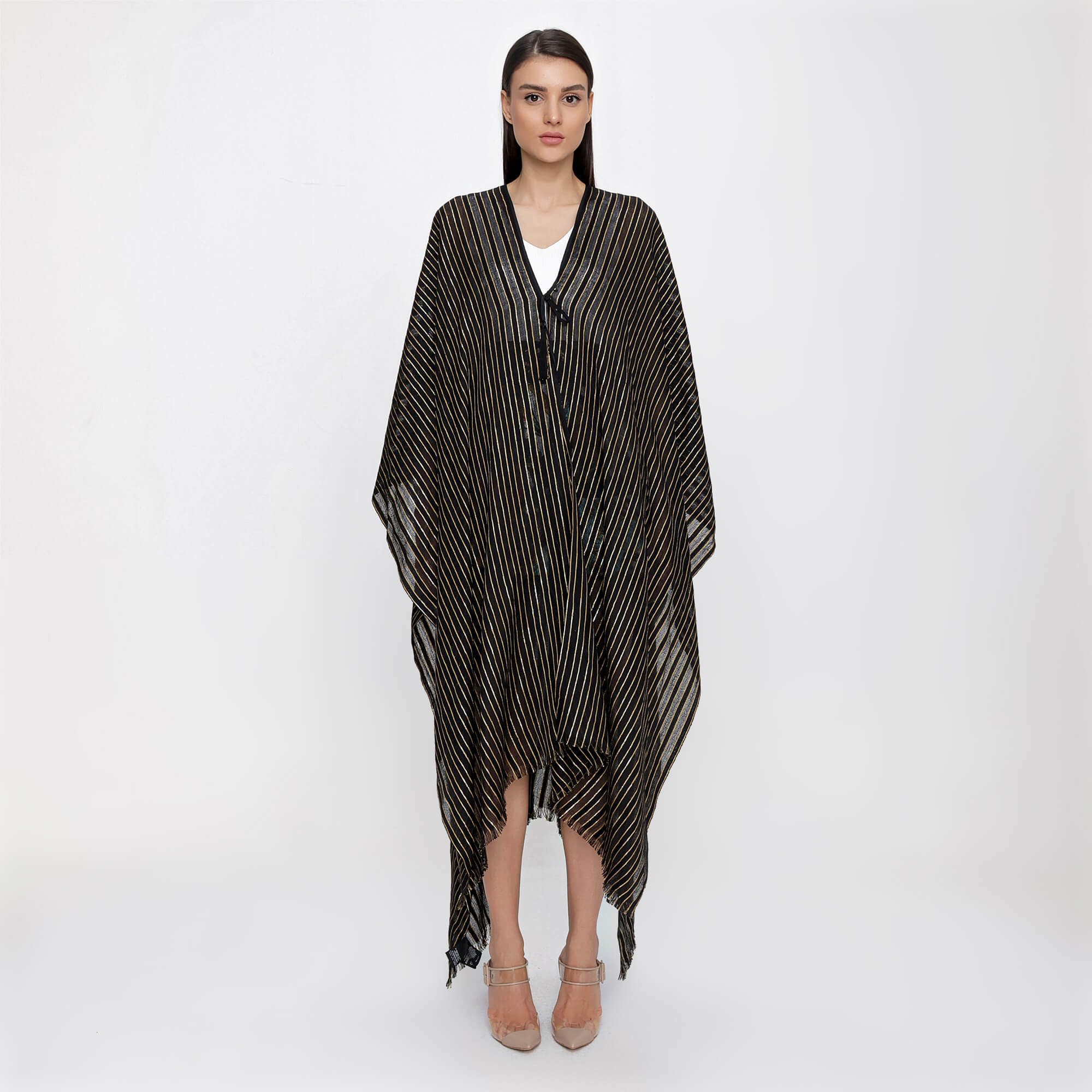 Yves Saint Laurent - Black Cashmere Blend Gold Lurex Stripes Poncho